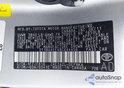 2011 Toyota Corolla Le from USA, damaged, VIN 2T1BU4EE4BC644456